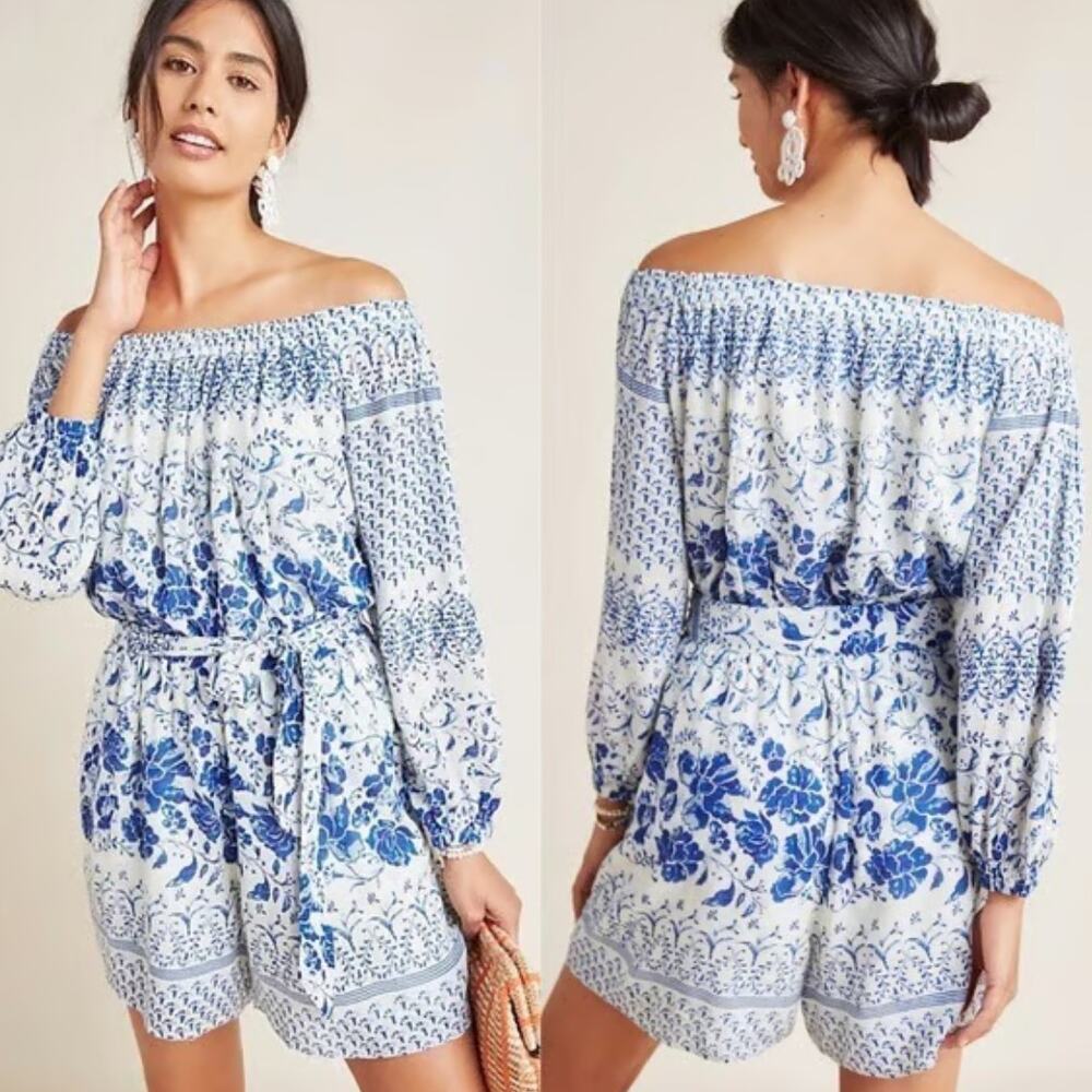 Anthropologie Clemente Off The Shoulder Blue Romper S Floral Tie Waist Boho